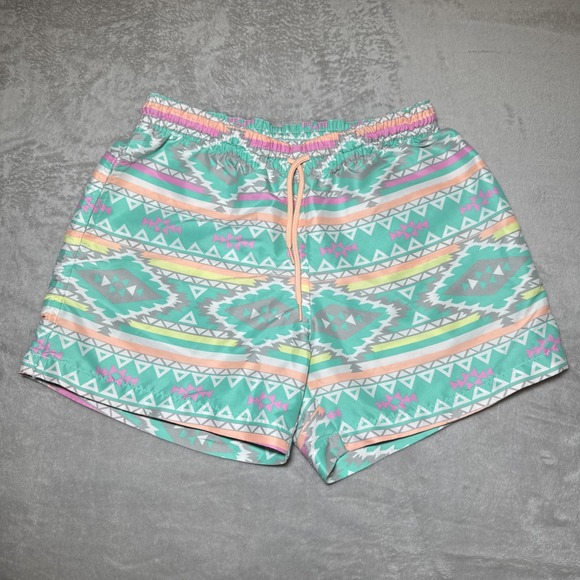 Chubbies Teal Aztek Print Classic Swim Trunk Men Size M Elastic Waist Drawstring - Picture 1 of 8